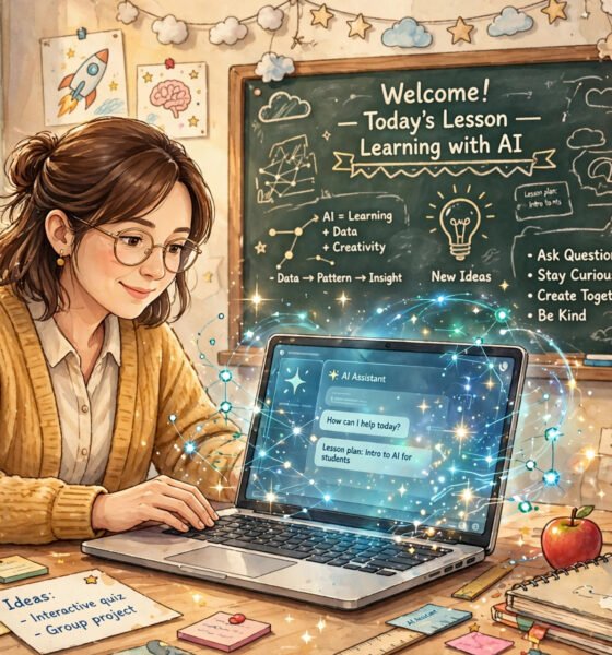 Teacher using AI on a laptop in a classroom