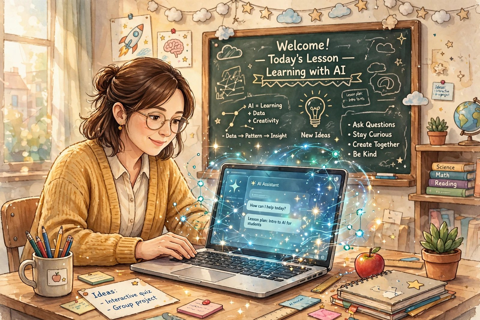 Teacher using AI on a laptop in a classroom