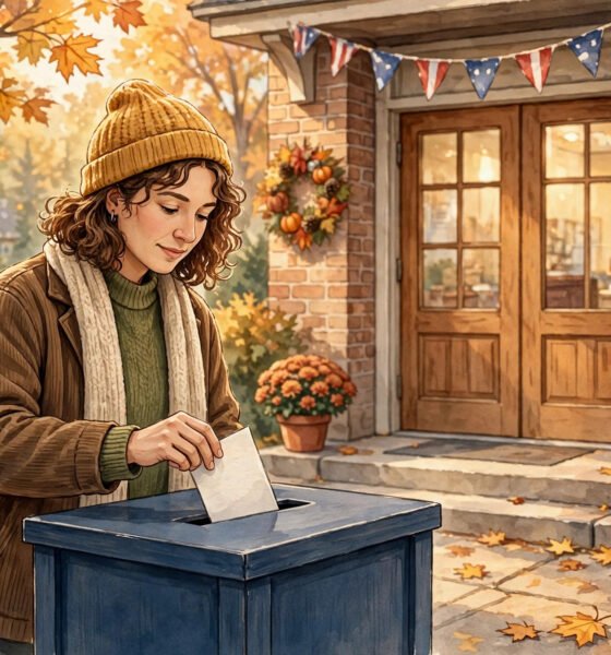 Person dropping a ballot into a ballot box at a polling place.
