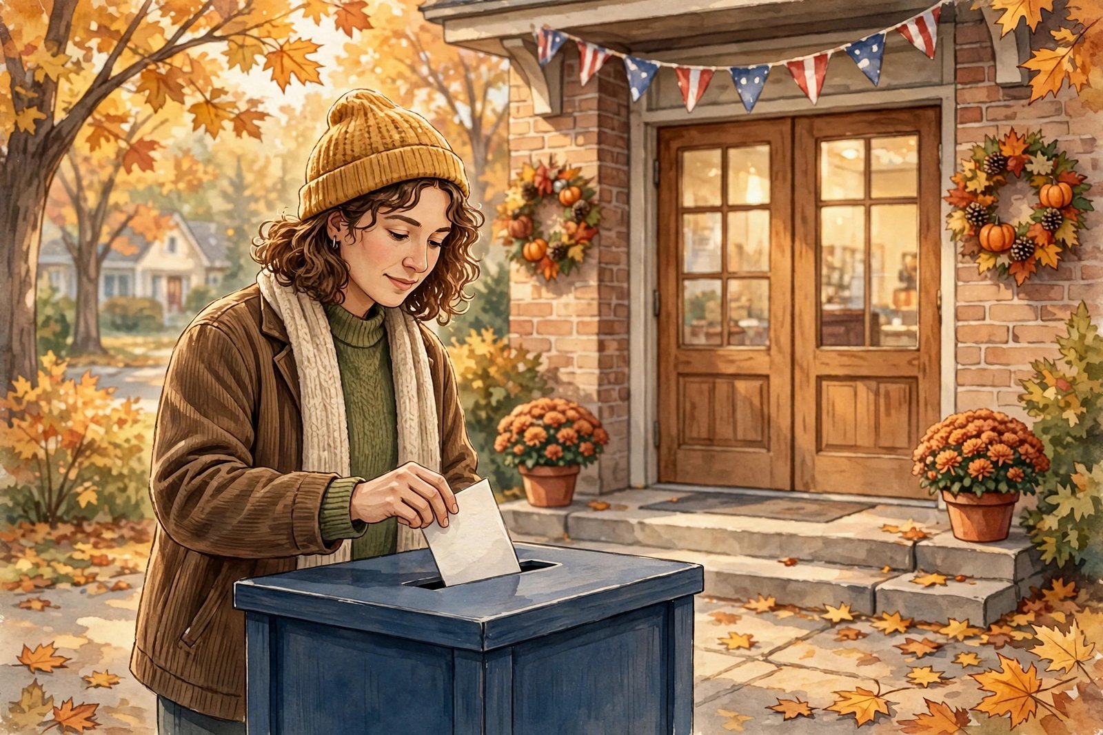 Person dropping a ballot into a ballot box at a polling place.
