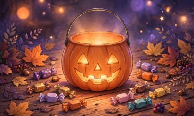 Halloween trick-or-treat bucket with candies and autumn leaves.