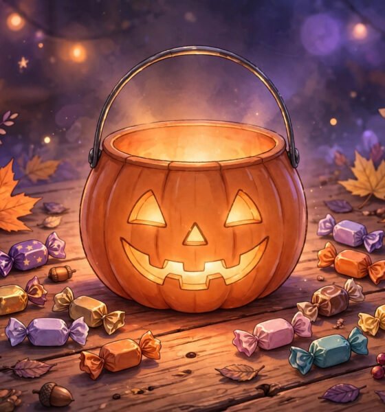 Halloween trick-or-treat bucket with candies and autumn leaves.