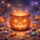 Halloween trick-or-treat bucket with candies and autumn leaves.