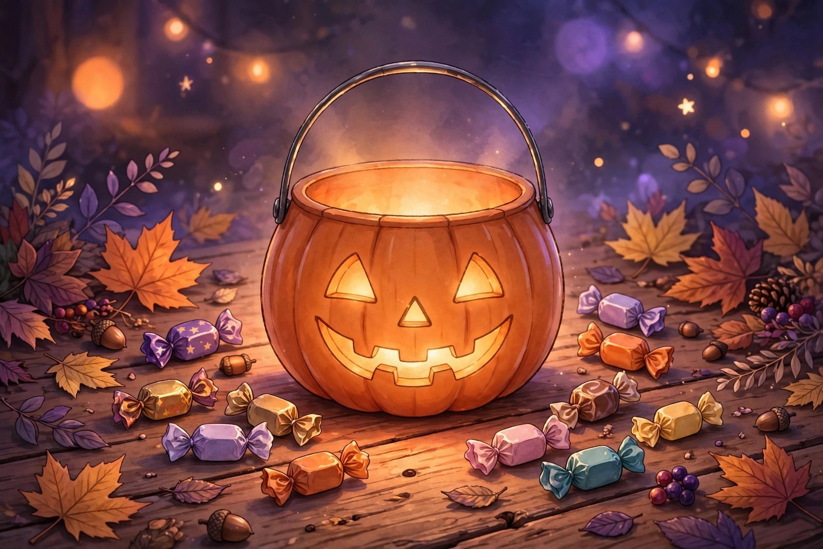 Halloween trick-or-treat bucket with candies and autumn leaves.