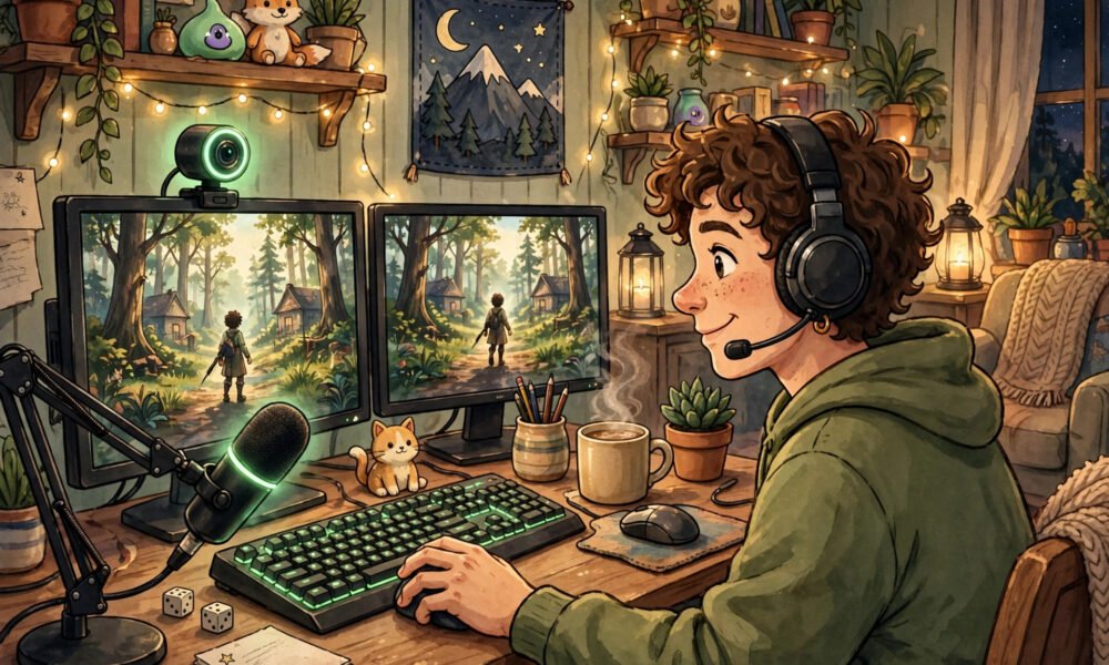 Person streaming video games at a desk with a green live glow.