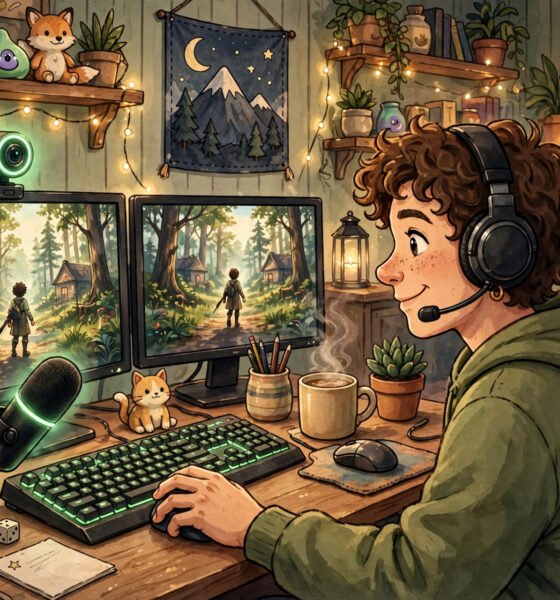 Person streaming video games at a desk with a green live glow.