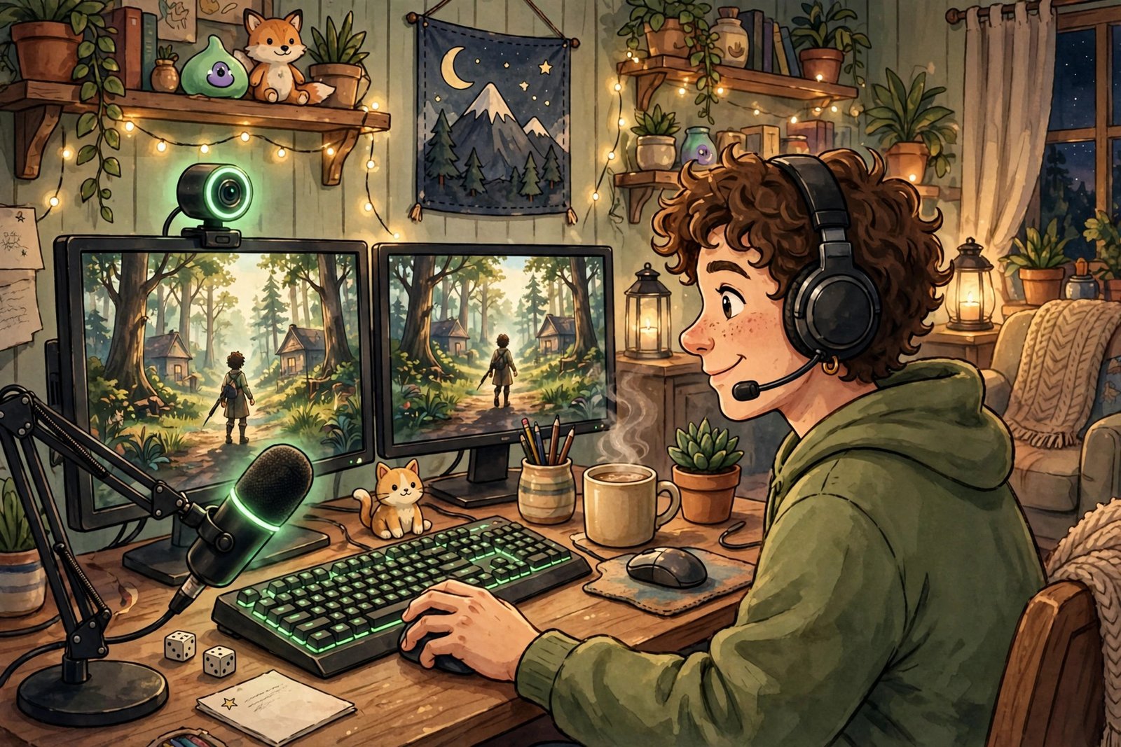 Person streaming video games at a desk with a green live glow.