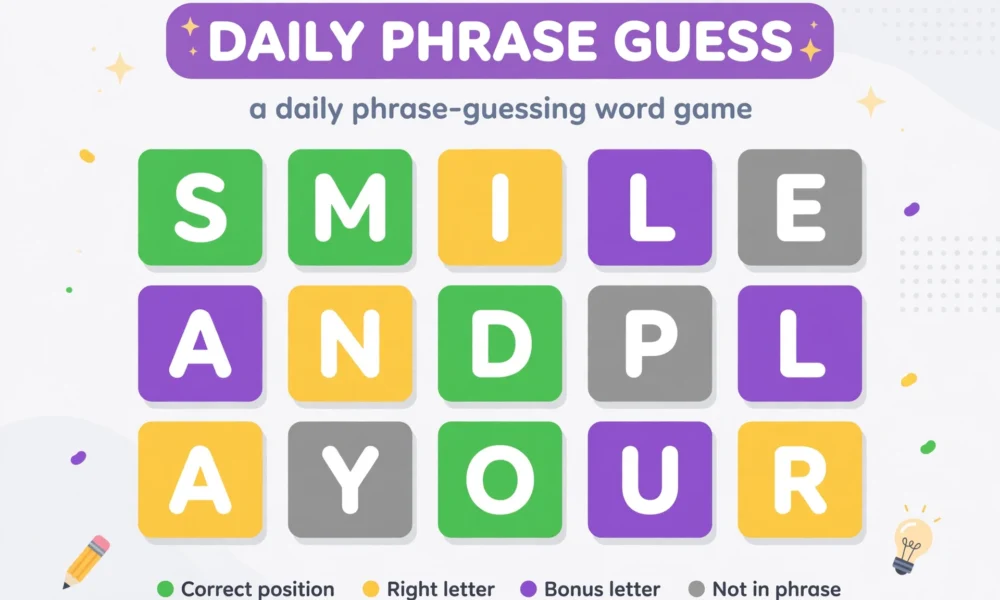Phrazle word game tile grid with green, gold, purple and grey letters
