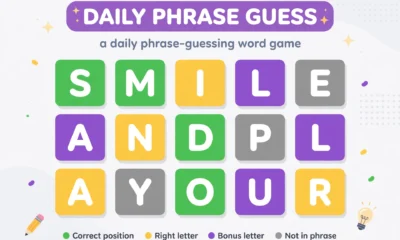 Phrazle word game tile grid with green, gold, purple and grey letters