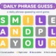 Phrazle word game tile grid with green, gold, purple and grey letters