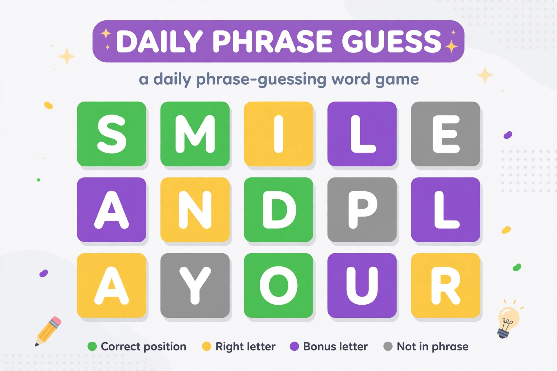 Phrazle word game tile grid with green, gold, purple and grey letters