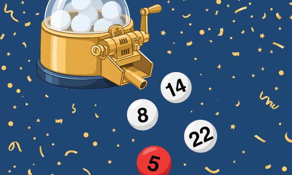 Lottery balls coming out of a lottery machine