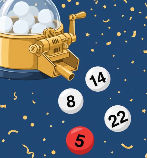 Lottery balls coming out of a lottery machine