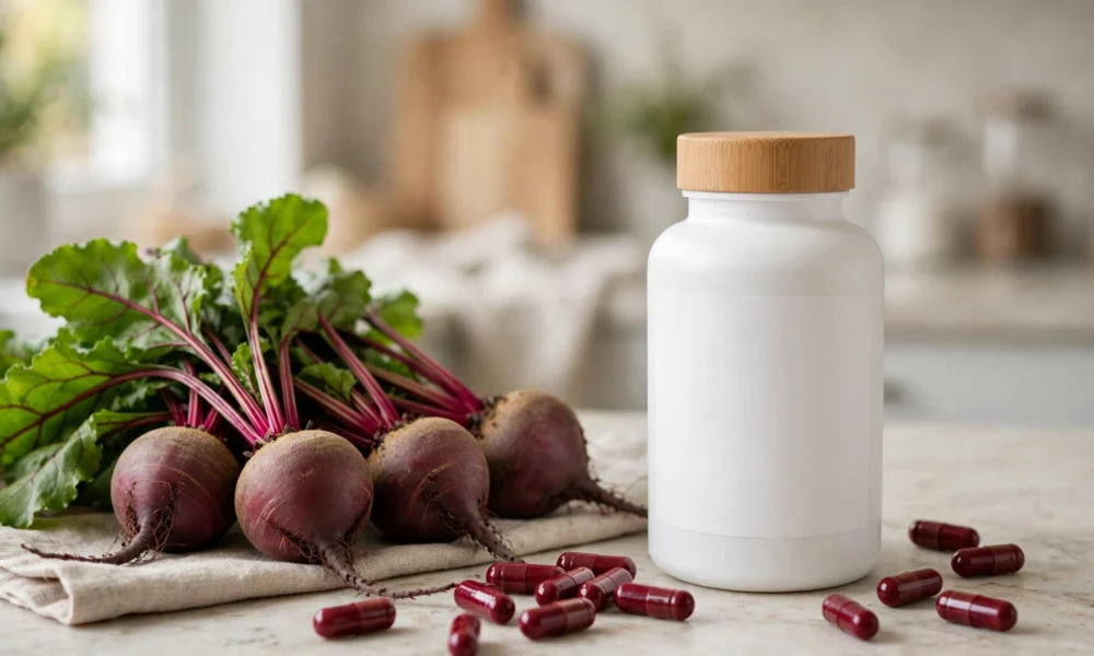 Rosabella beetroot supplement bottle with fresh beetroots and red capsules