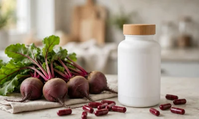 Rosabella beetroot supplement bottle with fresh beetroots and red capsules