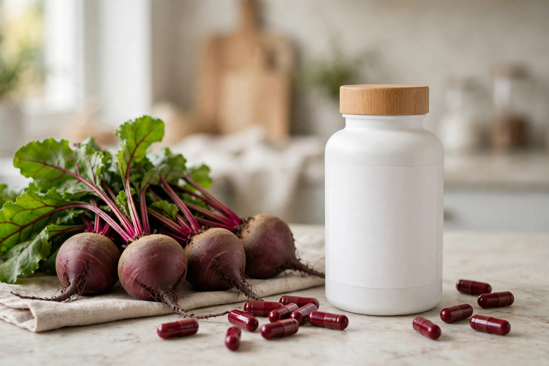 Rosabella beetroot supplement bottle with fresh beetroots and red capsules