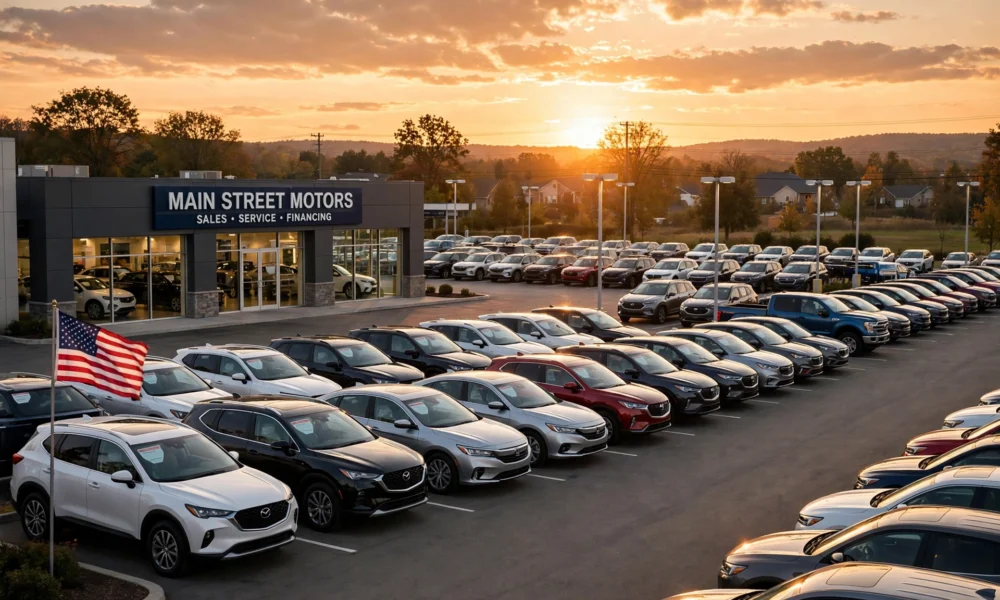 Car dealership lot at sunset — Westlake Financial auto financing guide