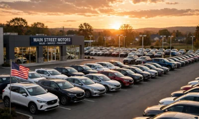 Car dealership lot at sunset — Westlake Financial auto financing guide