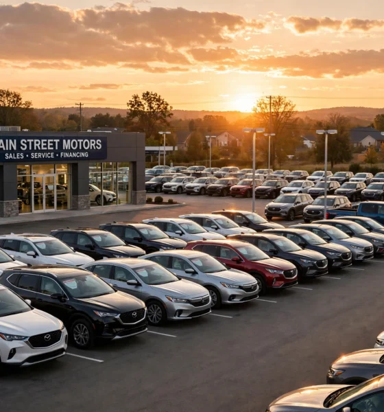 Car dealership lot at sunset — Westlake Financial auto financing guide