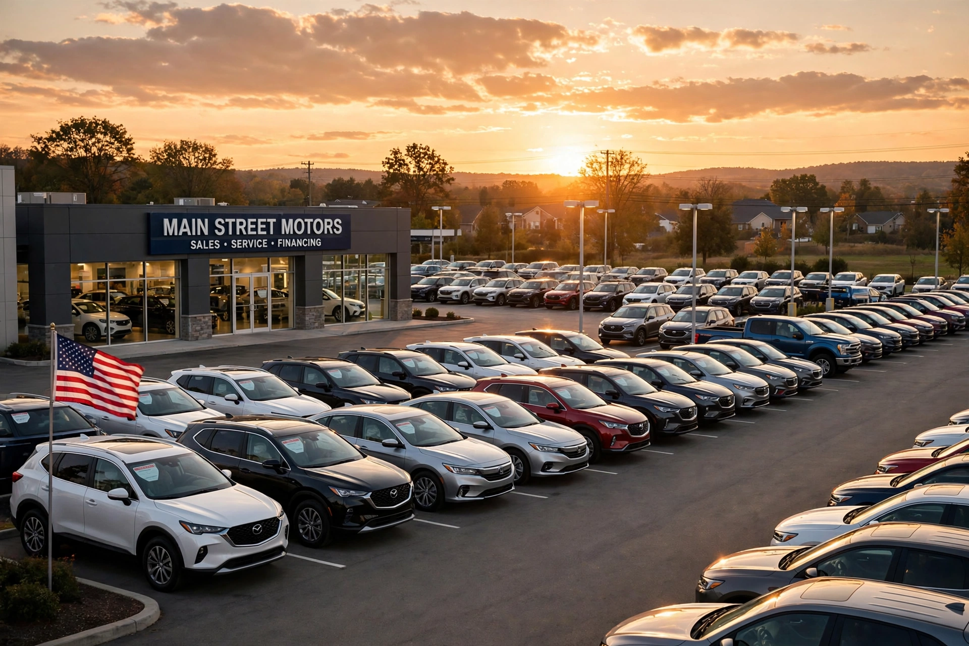 Car dealership lot at sunset — Westlake Financial auto financing guide