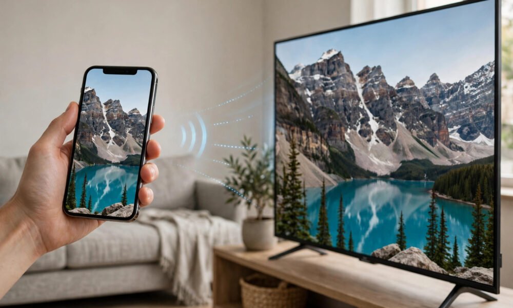 iPhone screen wirelessly mirrored to a TV