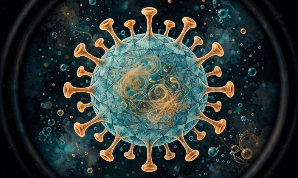 Scientific illustration of a virus particle under a microscope