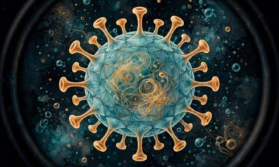 Scientific illustration of a virus particle under a microscope