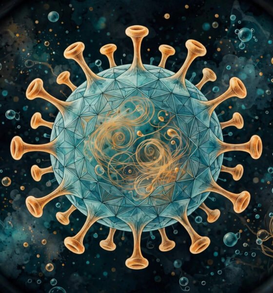 Scientific illustration of a virus particle under a microscope