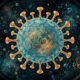 Scientific illustration of a virus particle under a microscope