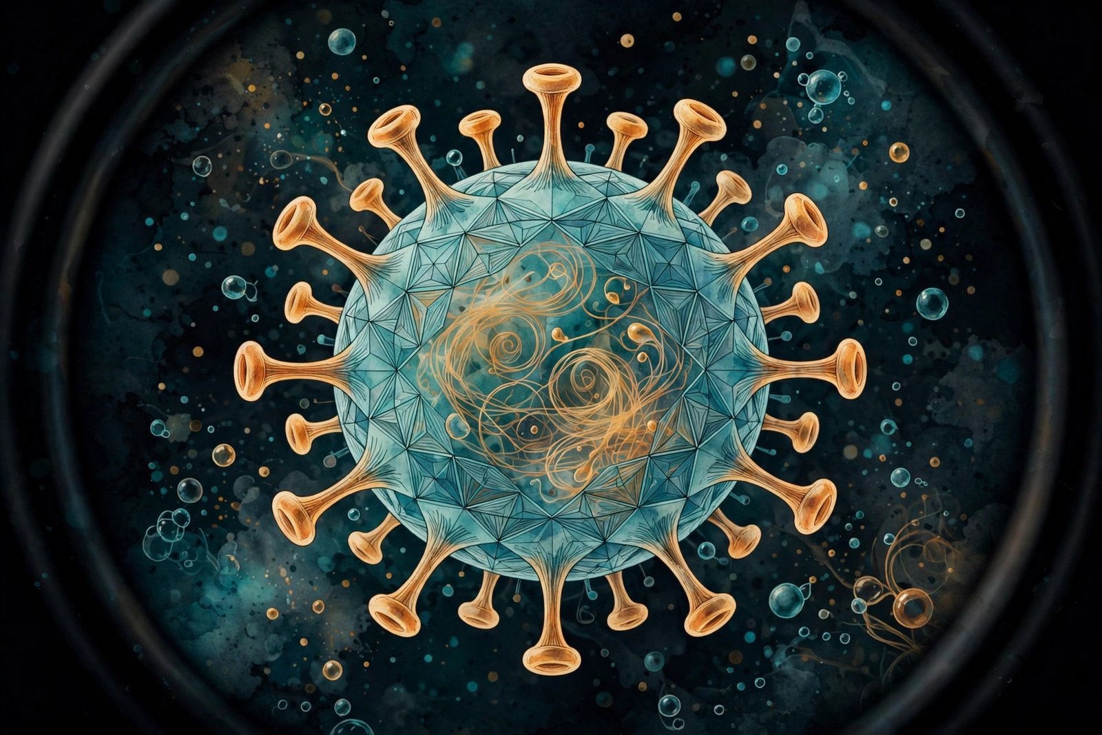 Scientific illustration of a virus particle under a microscope