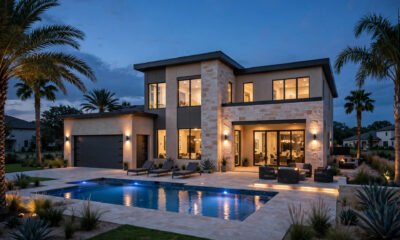 Modern Texas luxury home exterior at dusk with pool