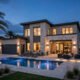 Modern Texas luxury home exterior at dusk with pool