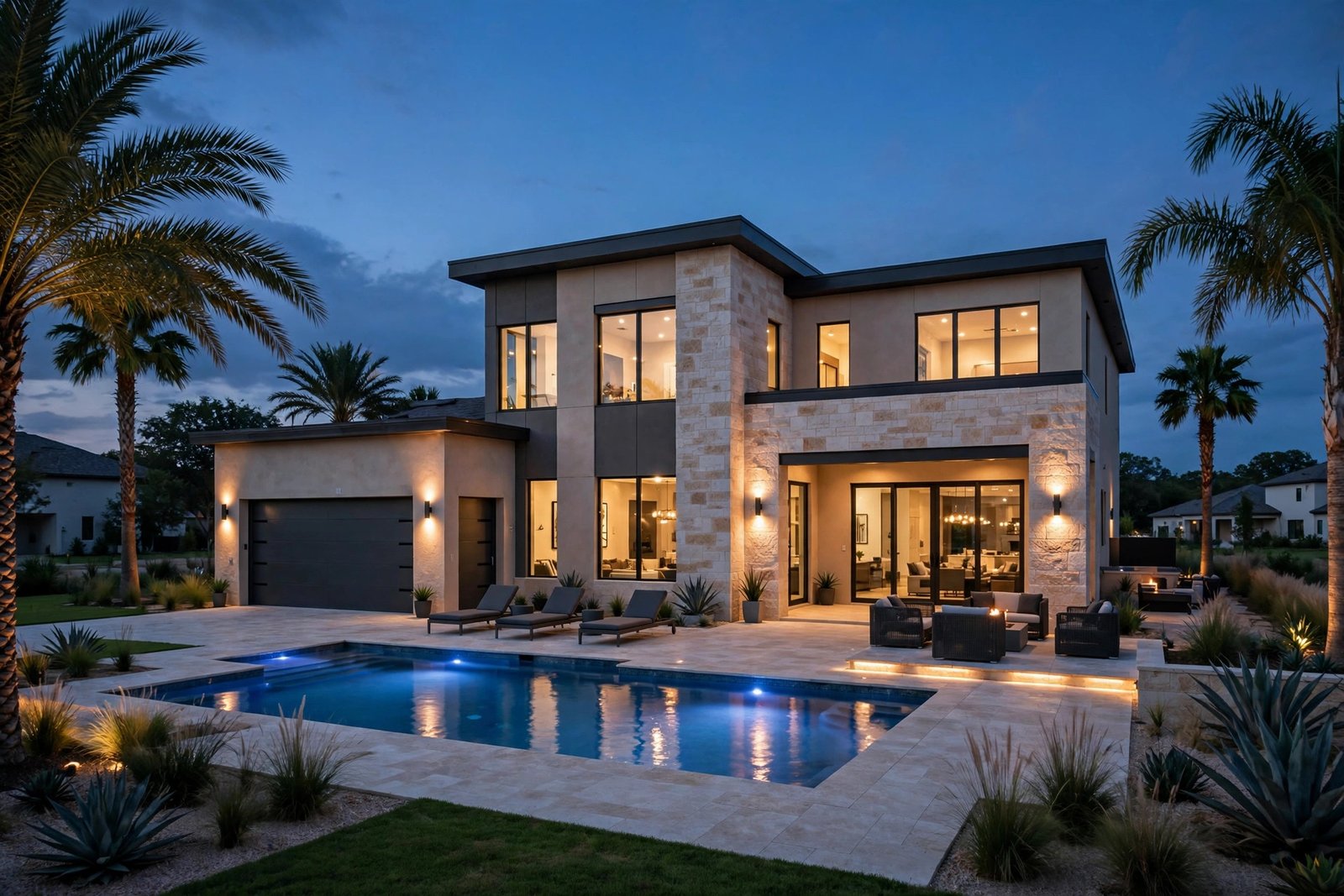 Modern Texas luxury home exterior at dusk with pool