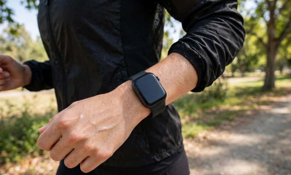 Smartwatch on a wrist while jogging outdoors