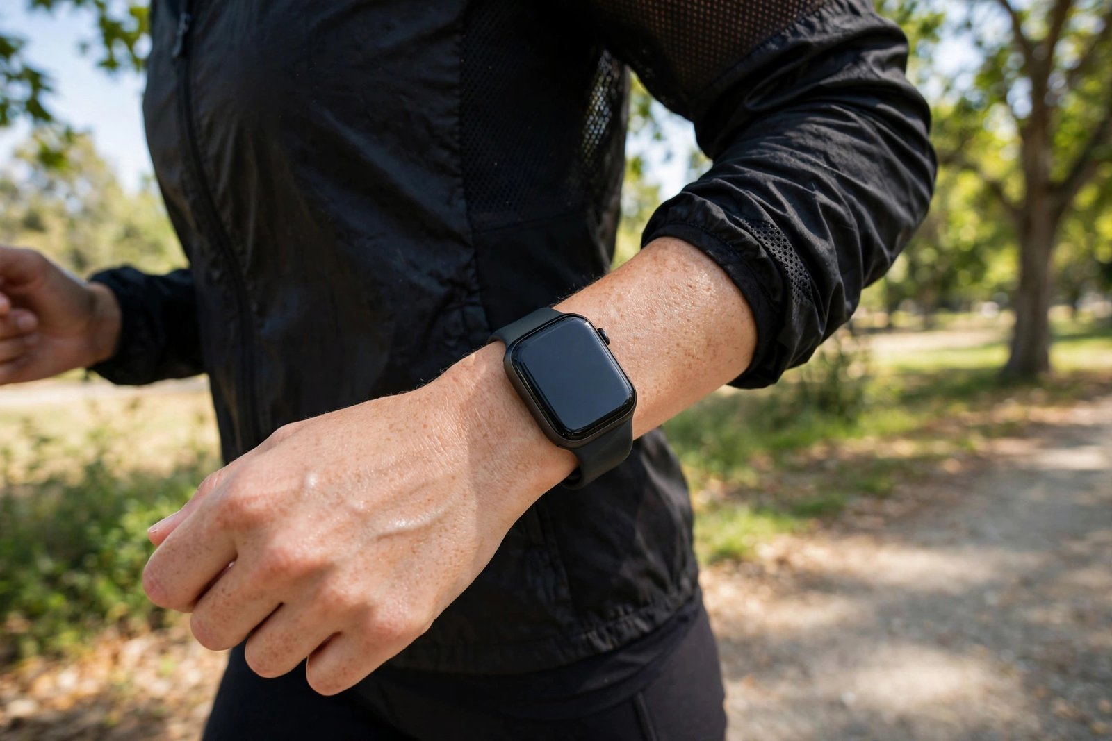 Smartwatch on a wrist while jogging outdoors