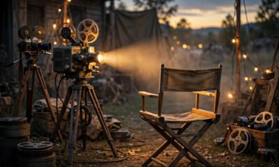Cinematic tribute scene for actor Tom Skerritt: vintage film set with empty director's chair