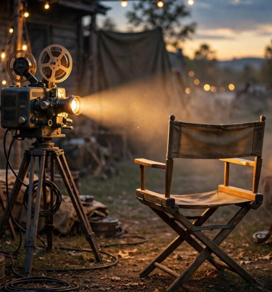 Cinematic tribute scene for actor Tom Skerritt: vintage film set with empty director's chair