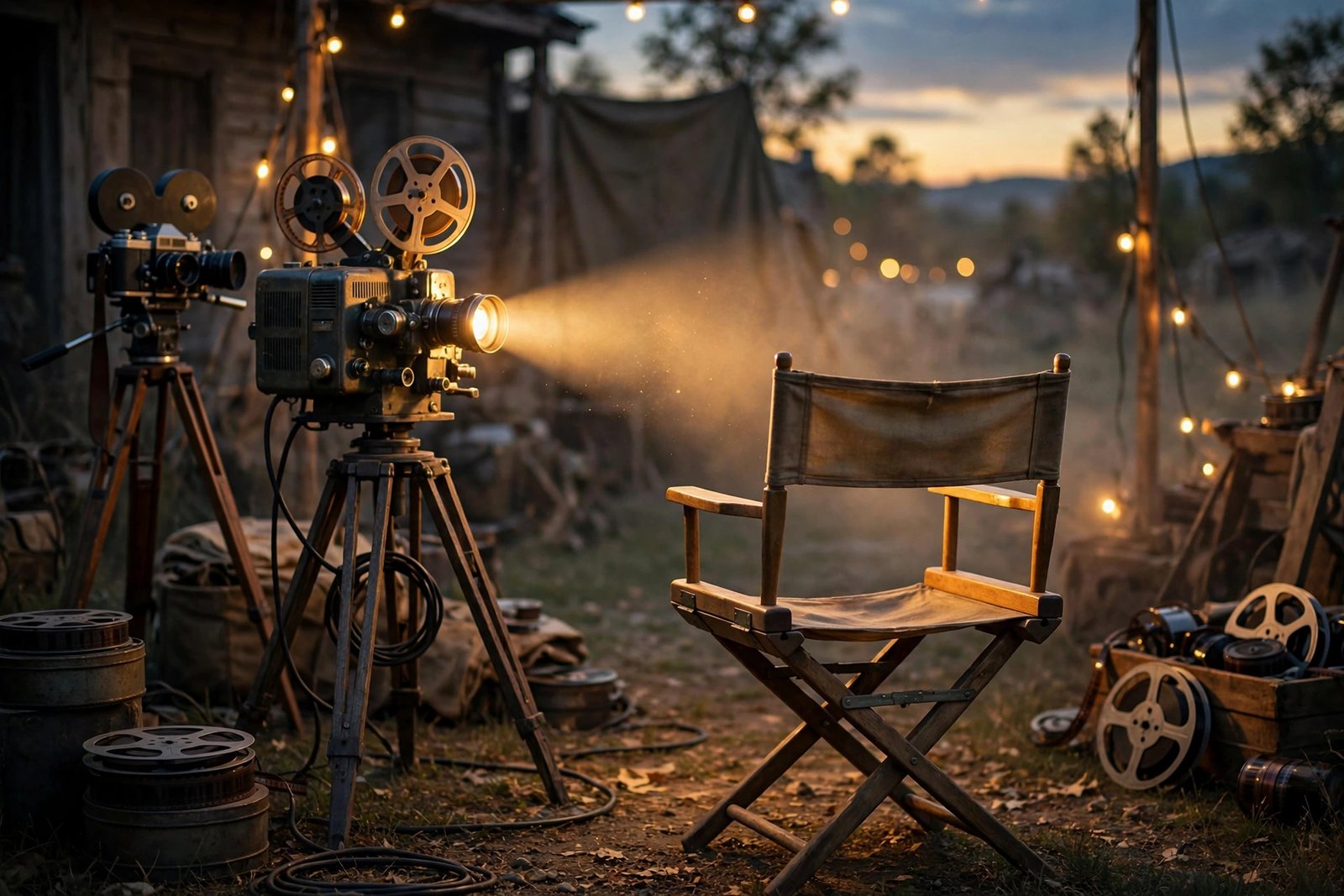 Cinematic tribute scene for actor Tom Skerritt: vintage film set with empty director's chair